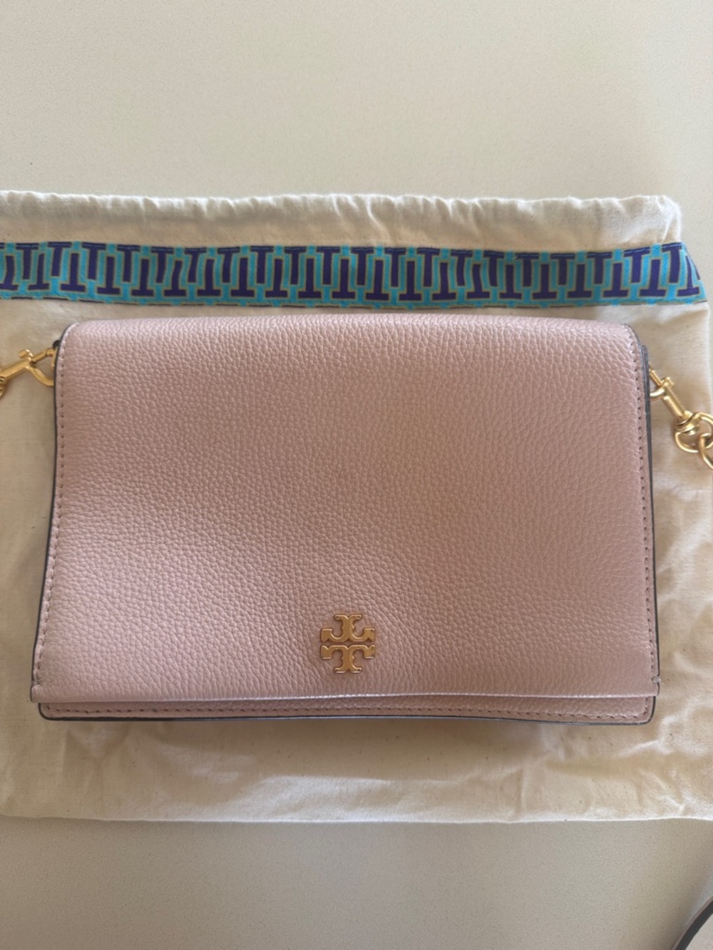 Tory Burch Blush Pink Pebbled Leather Crossbody with Gold Logo